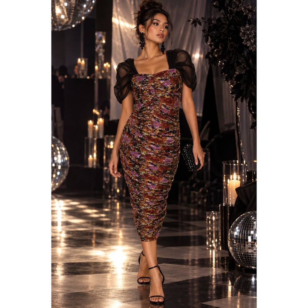 Amy Brook New York Metallic Floral Ruched Midi Dress Chiffon Puff Sleeve 12